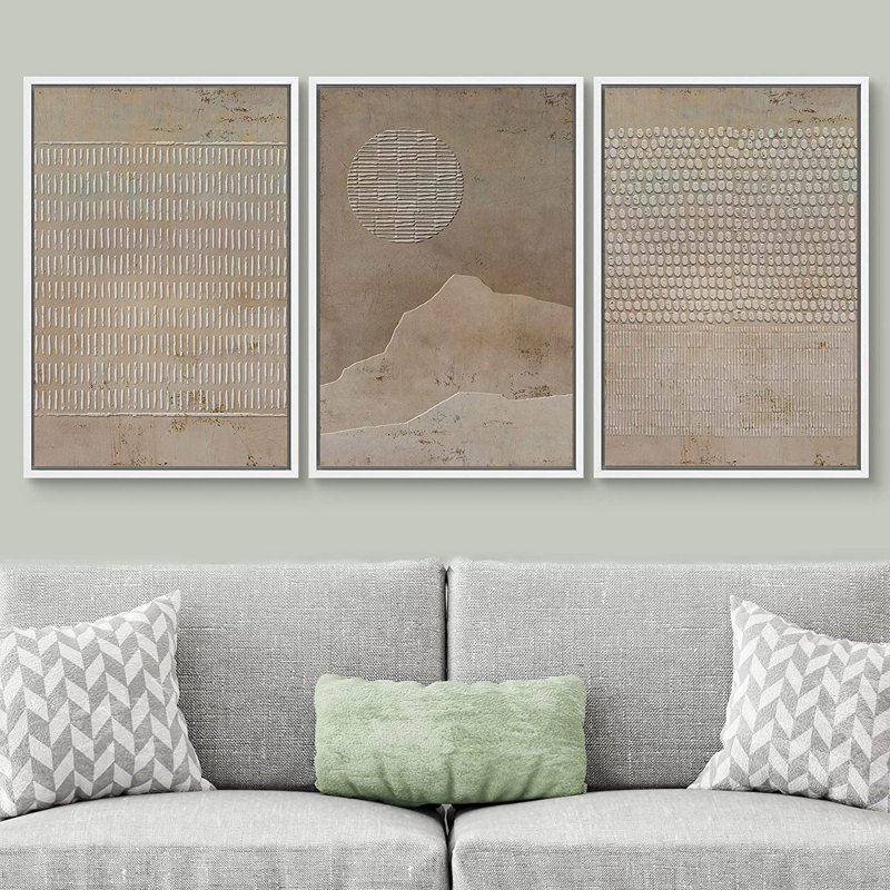 Geometric Line Grunge Geometric Minimalist Brown Abstract Frame Art 3 Piece Set - No Texture Graphic Canvas Print, White