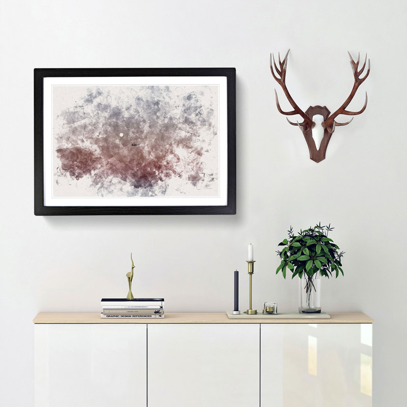 Airplane Passing The Moon Watercolour - Single Picture Frame Print on MDF, 62cm H x 87cm W x 2cm D, Black Framed