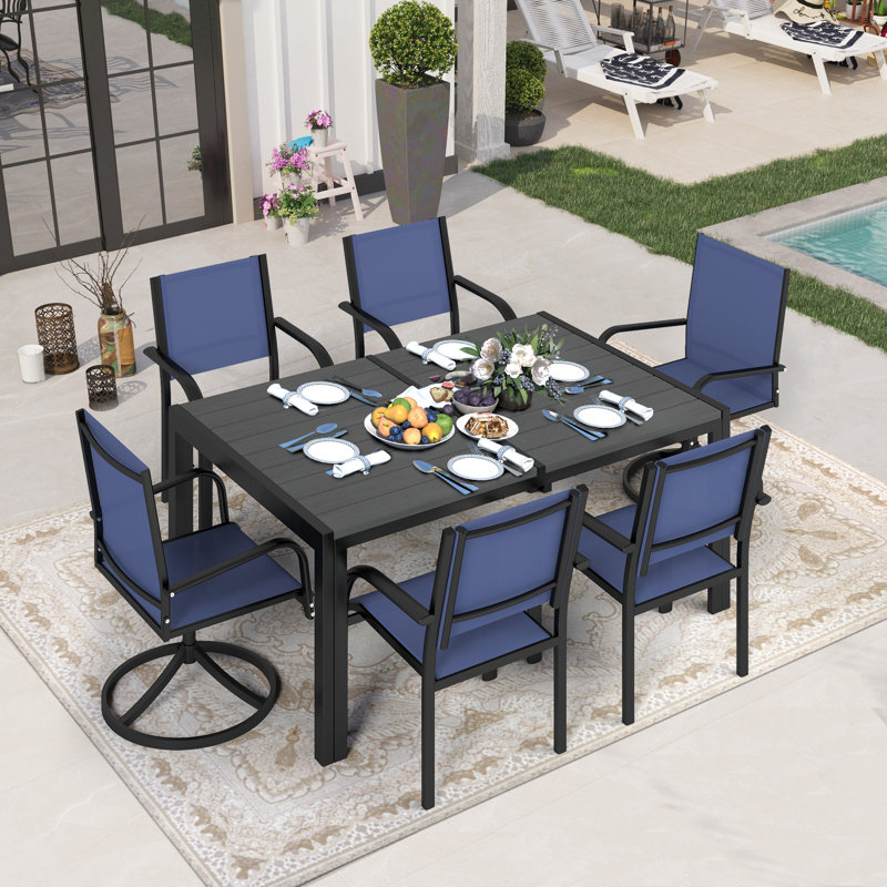 6-People Outdoor Dining Set with Textilene Chairs ，Patio Table and Chairs set, Black/Blue