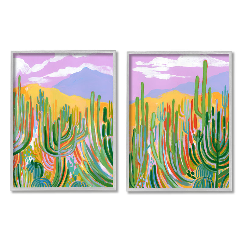 «Contemporary Cactus Desert Sky» par Laura Marr, ensemble de 2 impressions sur bois, H 20 po x l 32 po x P 1,5 po, gris