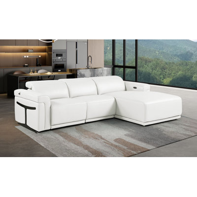 White Right-Facing 3-Piece L-Shaped Sectional In Top-Grain Italian Leather With 1 Power Recliner & Adjustable Headrests