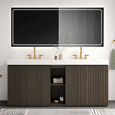 Meuble-lavabo autoportant 72 po en chêne fumé 72 po avec lavabo, grand meuble-lavabo autoportant pour salle de bain moderne, lavabo en quartz blanc une pièce sans bonde ni robinet