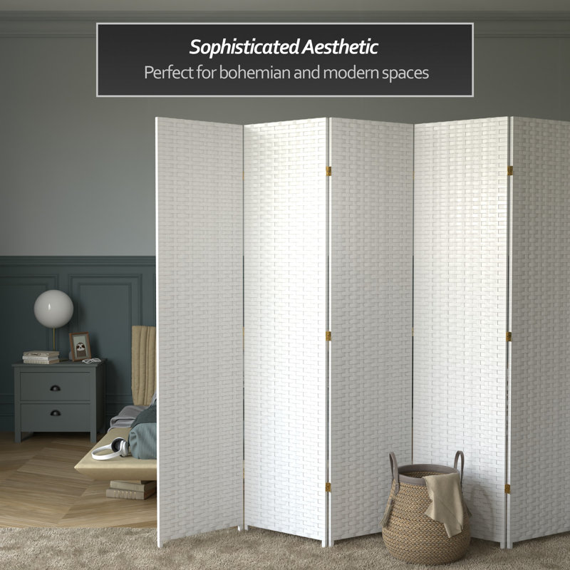 Amitis 7 Ft. Tall Woven Fiber Folding Room Divider, 8, White, 84'' H x 156'' W x 1'' D