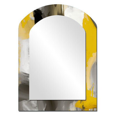 Mustard Yellow And Vivid Gray II - Abstract Asymmetrical Mirror, White Arch Decorative Wall Mirror, Printed Metal Art
