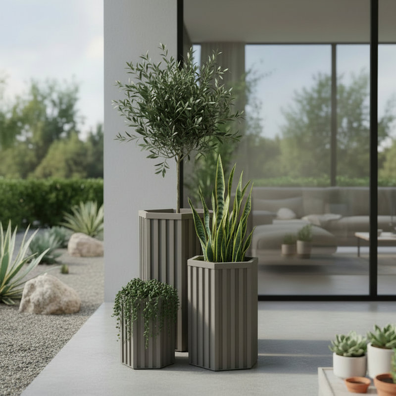 Pot de fleurs hexagonal à colonne MD - gris brun