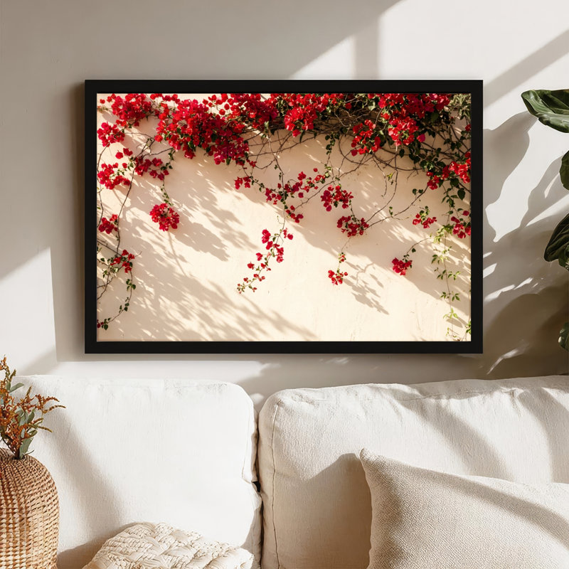 Toile noire encadrée en bois noir pour le salon, la chambre à coucher, le bureau ou le vestibule - décoration murale décorative avec fleurs rouges