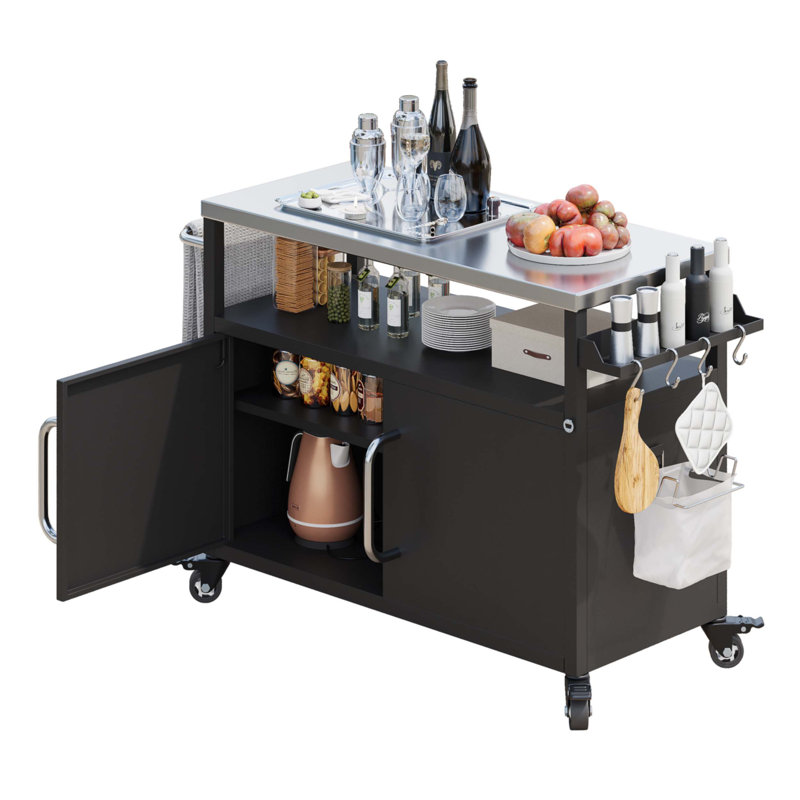 54.5" Outdoor Kitchen Island With Stainless Steel Tabletop, Metal Grill Cart Table With Storage Cabinet