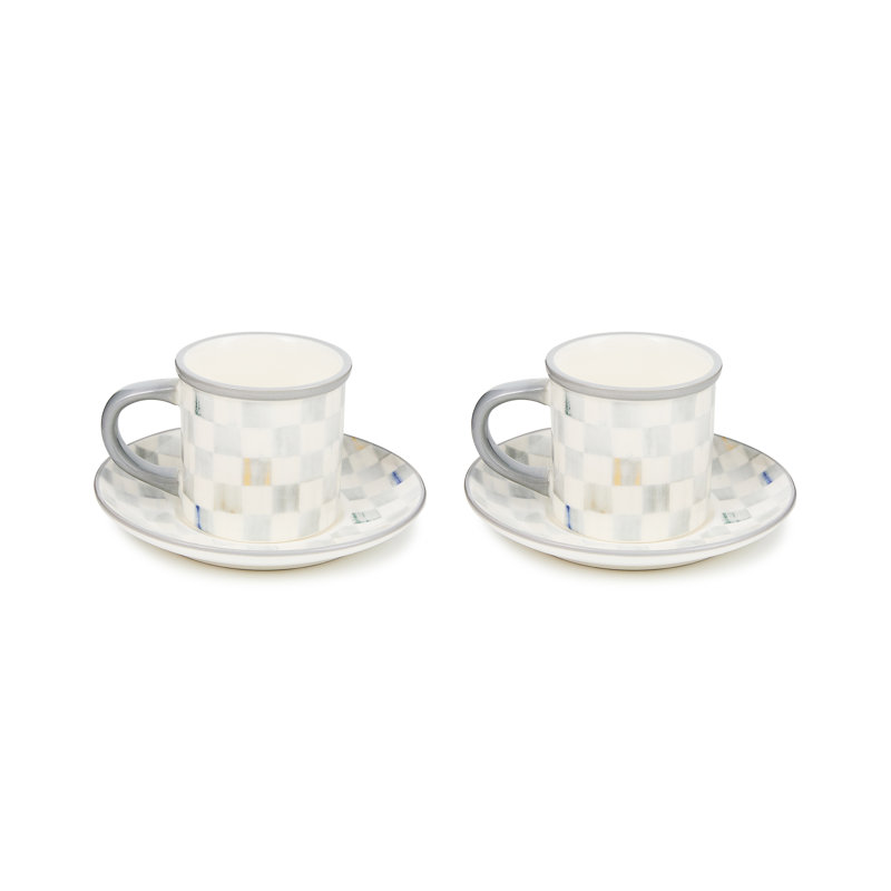 Sterling Check Stoneware Espresso Cup and Saucer, Gray/White, Set of 2