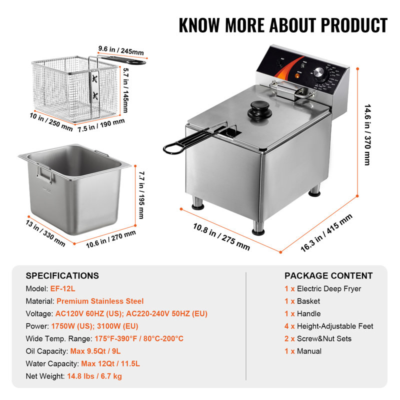 Friteuse électrique commerciale 1750W 12Qt / 11.5L