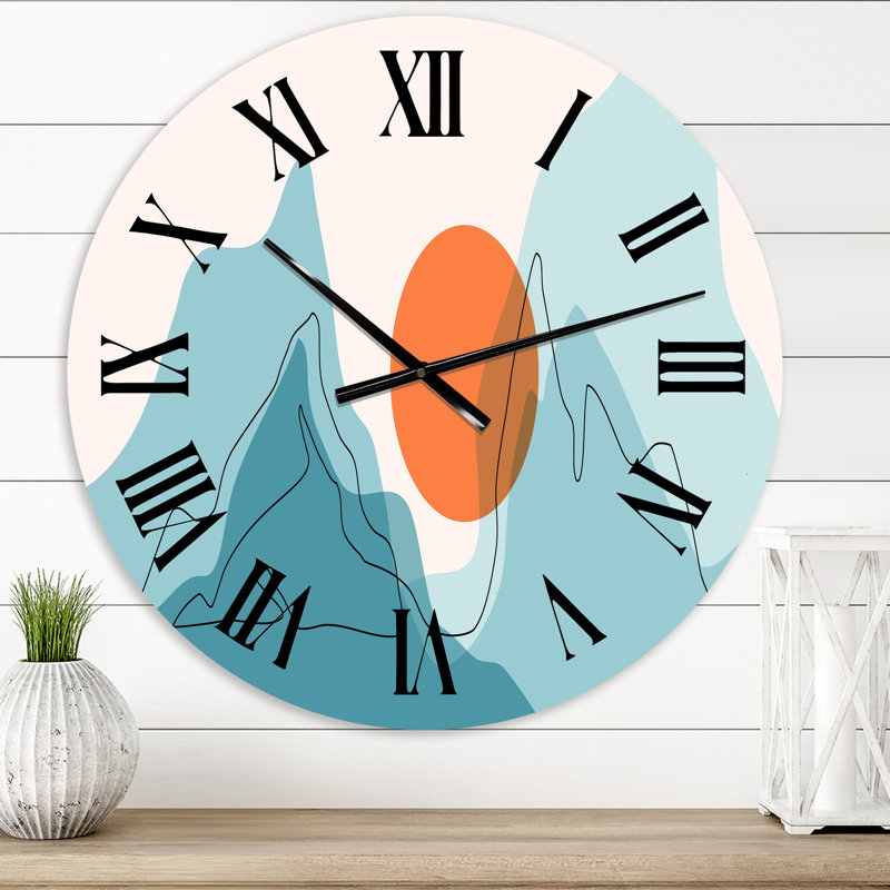 Lune rouge sur les montagnes bleues abstraites I - horloge murale moderne, Très petit