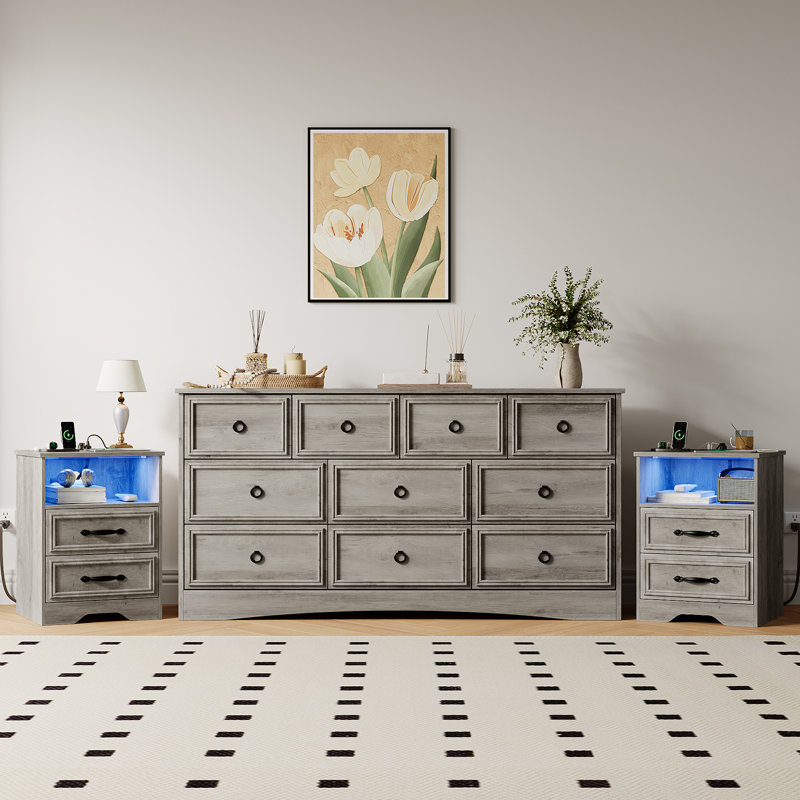  Ensemble de commode 3 pièces - commode 10 tiroirs et deux tables de chevet 2 tiroirs avec station de charge, gris délavé