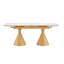 Table de salle à manger extensible avec plateau en pierre: plateau de table en marbre avec pieds fuselés en métal. Une table de salle à manger rectangulaire d'inspiration moderne et luxueuse pour la maison, pouvant accueillir de 4 à 8 personnes.-129879082