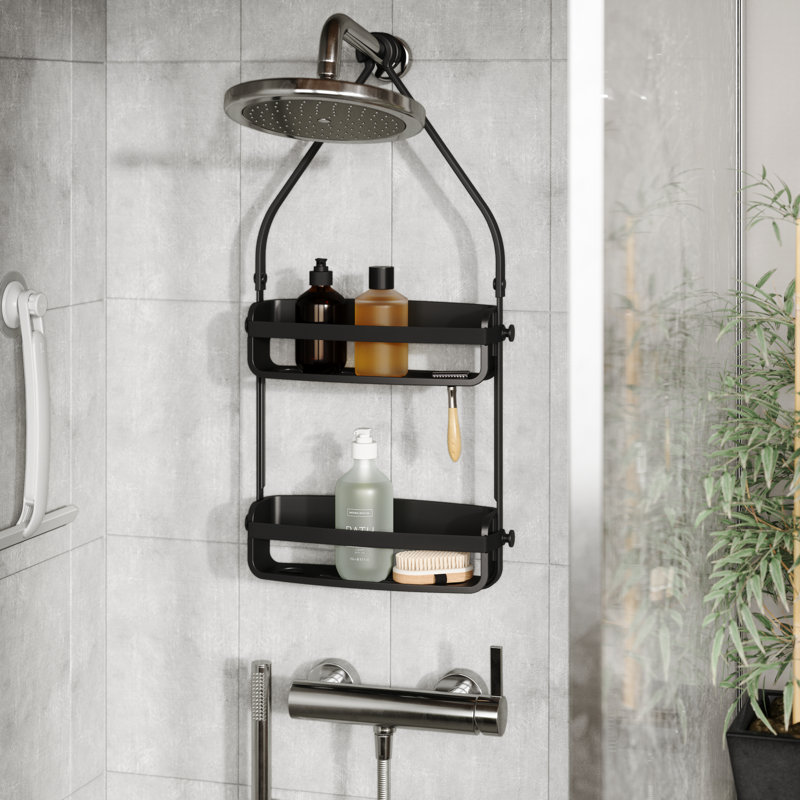 Black Plastic Suction Mount Shower Caddy with Shelves