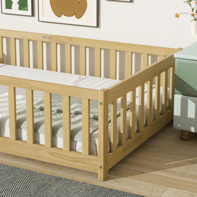Torvane Floor Bed With Fence, Rubber Wood, Eco-Friendly Design