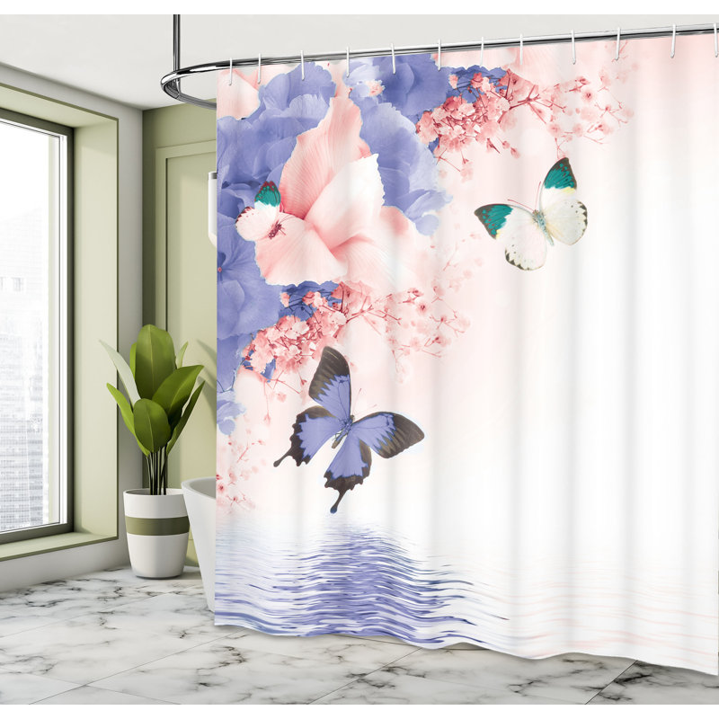 Ensemble de rideau de douche floral et crochets, H 70 po x l 69 po, Bleu lavande