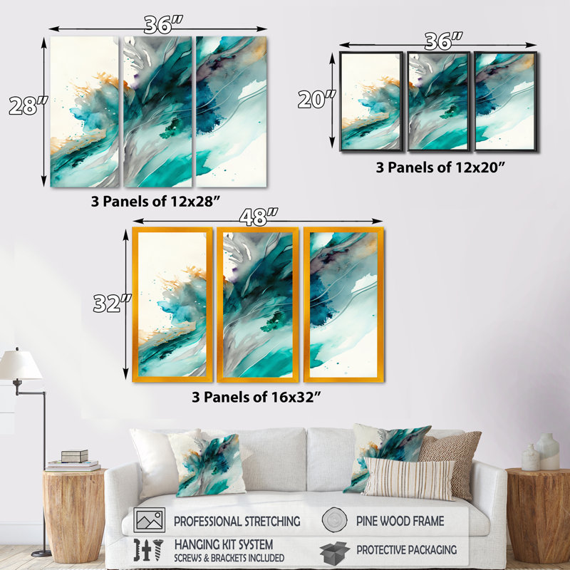 «Celebrations in Turquoise Shades of Blue V», reproduction sur toile 3 pièces, H 28 po x l 36 po x P 1 po