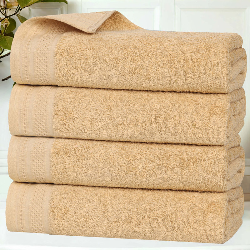 Honeycomb Textured Waffle Border Cotton Medium Weight Bath Towels, Gold