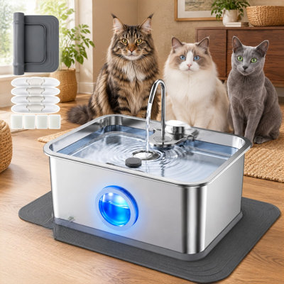 18L/4.76Gal Extra-Large Stainless Steel Dog Fountain with a silicone mat and 4 filters, designed for giant breeds and multi-pet homes with ultra-quiet operation, a visible window, and LED light.