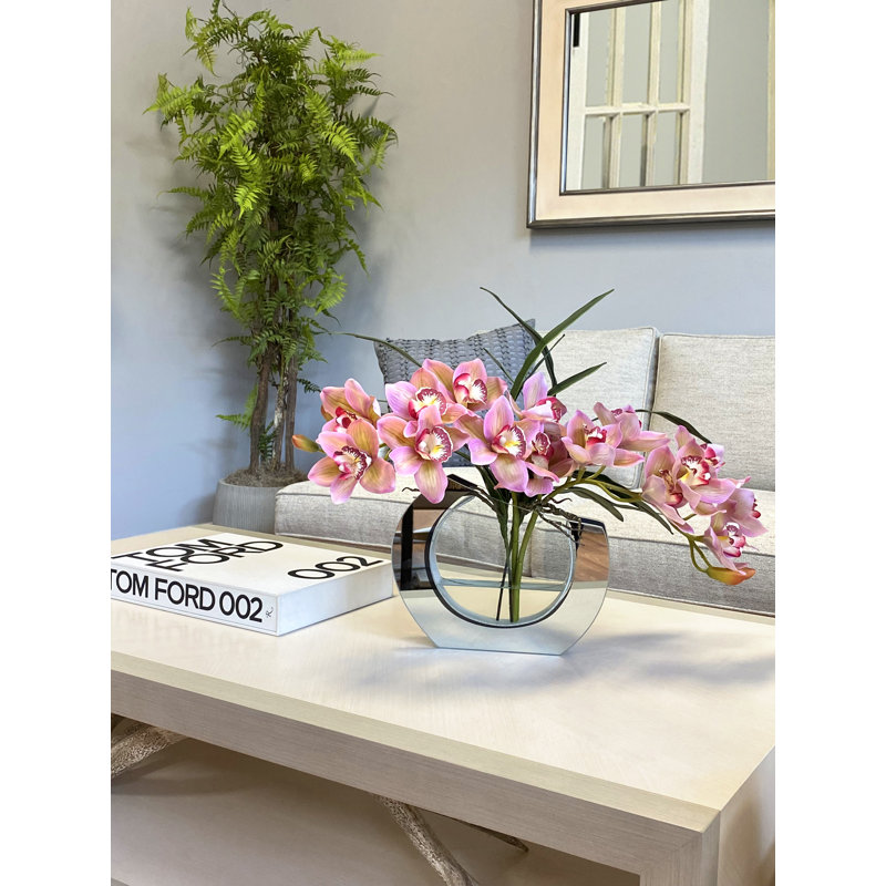 Modern Orchid Arrangement in Mirrored Glass Vase, Pink