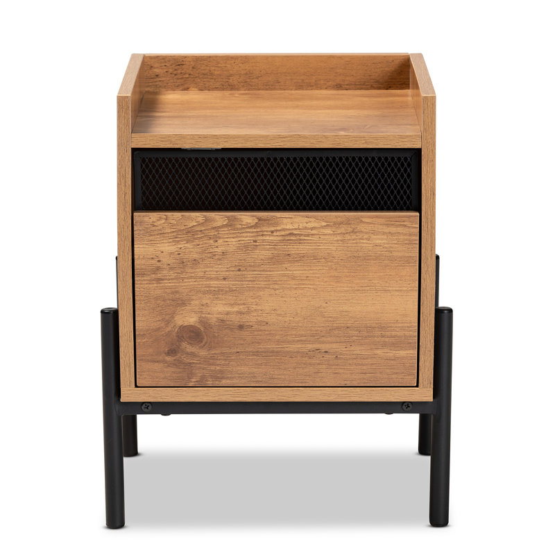 Tasman Natural Brown Wood and Black Metal End Table with Storage