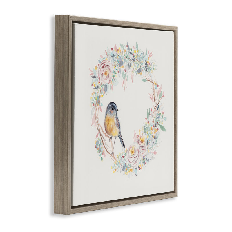 Oiseau de printemps sur cadre flottant couronne de fleurs, design par Cady, H 25 po x l 25 po, Cadre flottant orme Montalcino