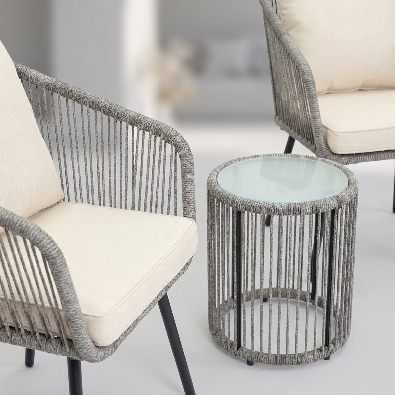 3-Piece Cream Outdoor Patio Bistro Set, Hand-Woven Rattan Wicker Conversation Set with Cushioned Chairs and Glass Top Table for Balcony, Garden, Deck
