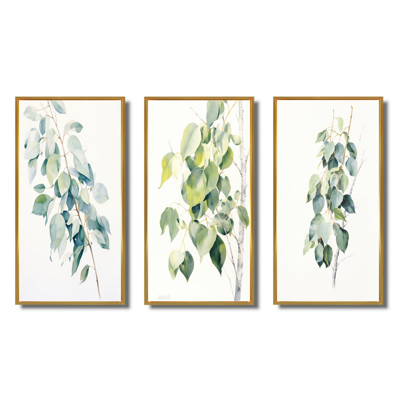 «Green White Minimalisme Eucalyptus Essence II», 3 pièces sur toile, H 40 po x l 60 po, Cadre flottant doré
