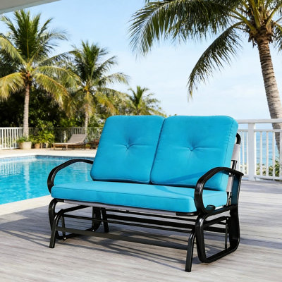 Balancelle d'extérieur 2 places avec assise en maille respirante bleue, design et confort, idéale pour balcon et terrasse, capacité de 180 kg, coussins d'assise, structure en acier avec revêtement en poudre, maille respirante pour une sensation de fraîcheur.
