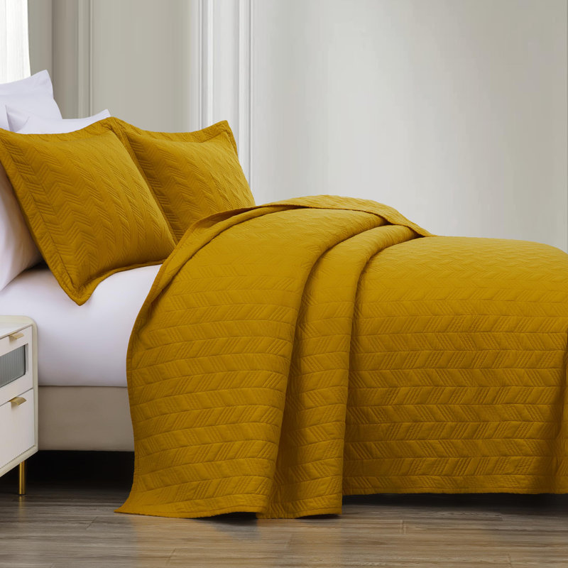 Solid Color Cotton Quilt Cotton Quilt, King Quilt + 2 King Shams, Mustard