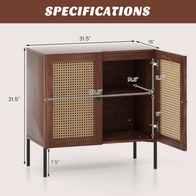 Kitchen Sideboard With 2 Rattan Doors And Adjustable Shelf, Black/Walnut