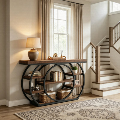47.24" Industrial Console Table, 5-Tier Sofa Table With Metal Frame, Narrow Entryway Hallway Storage Shelf
