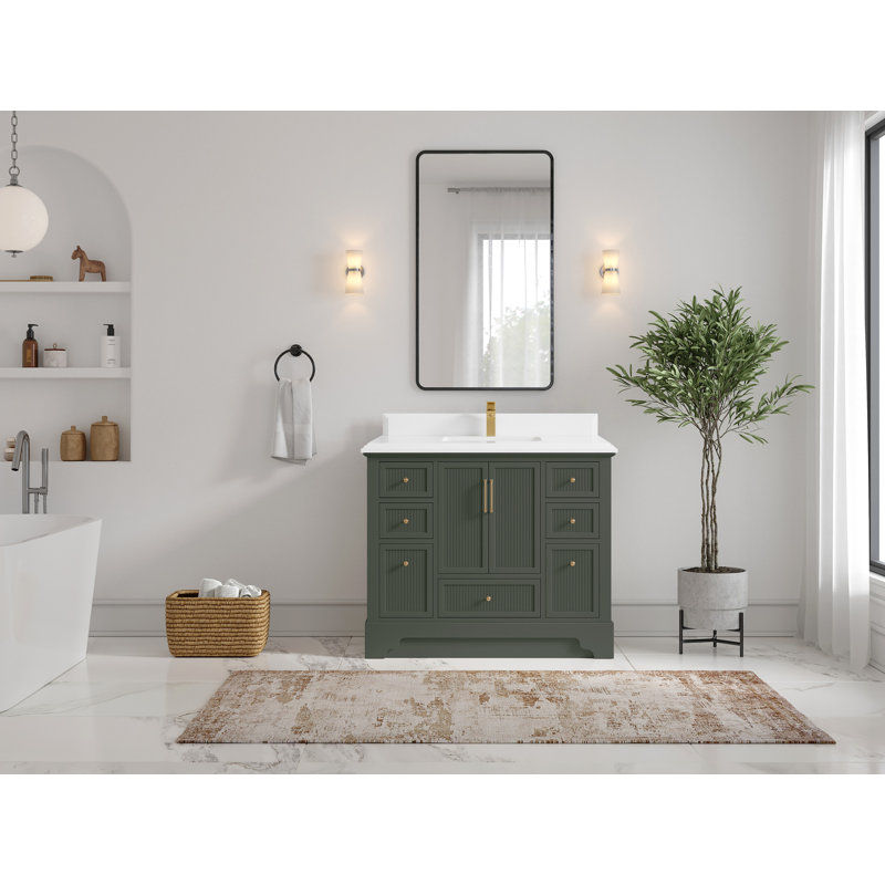 Meuble-lavabo sur pied simple 42 po avec plateau en quartz Alys, Blanc