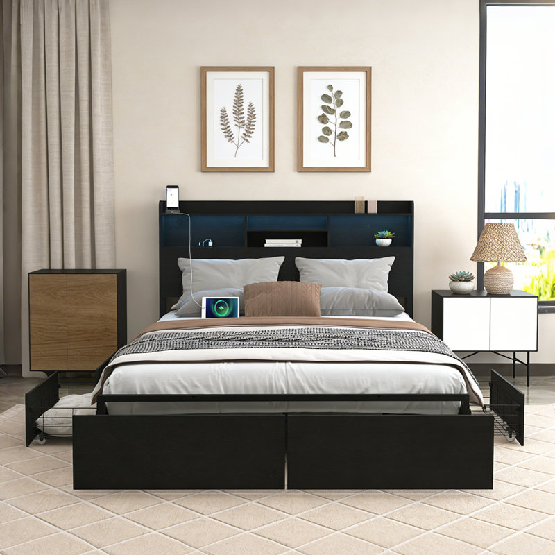 LED Headboard Platform Bed Frame, 6 Storage Drawers & Charging Station, Noise-Free Sturdy Storage Bed No Box Spring Required for Bedroom