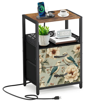 Table de chevet 2 tiroirs en tissu avec station de charge, pivoines, crème, pivoines, feuilles vertes, table de chevet avec ports ouverts et prises USB