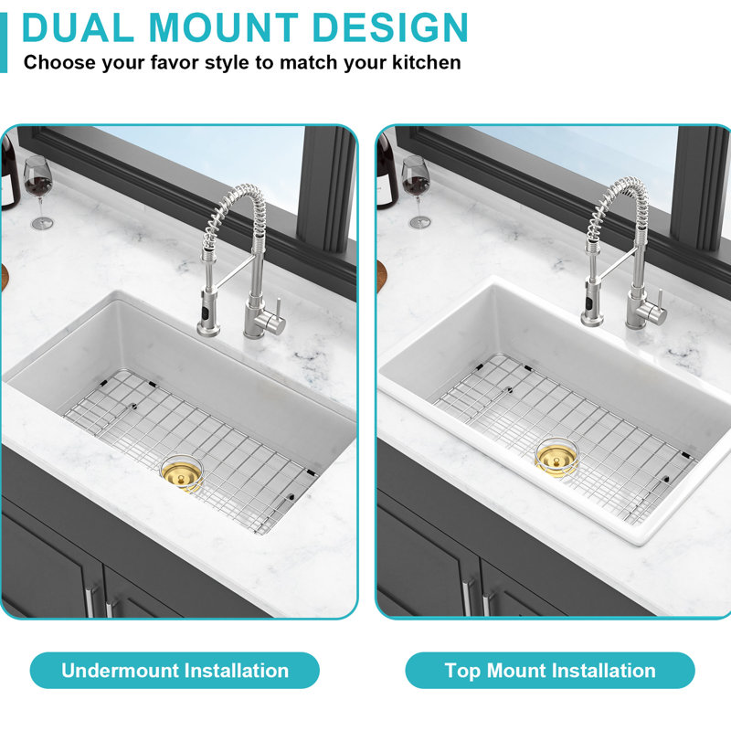 White Single Bowl Kitchen Sink, 32", Dual Mount, Deep Rectangular, High - Temperature Fired Undermount Basin, Impact