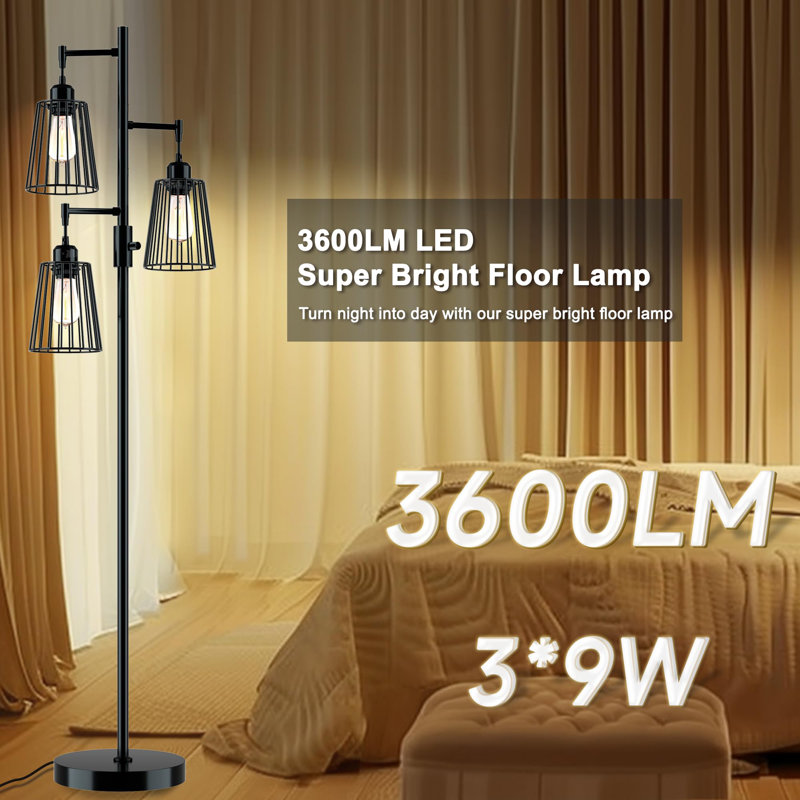 Castaldo Matte Black Industrial Floor Lamp With 3 Dimmable Edison LED Bulbs, Tall Standing Lamp For Living Room, Bedroom, Office