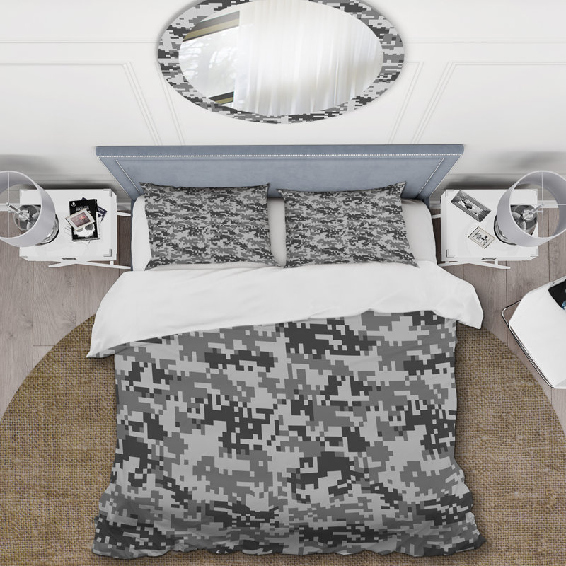 Gris camouflage numérique - ensemble de housse de couette abstrait - microfibre de polyester