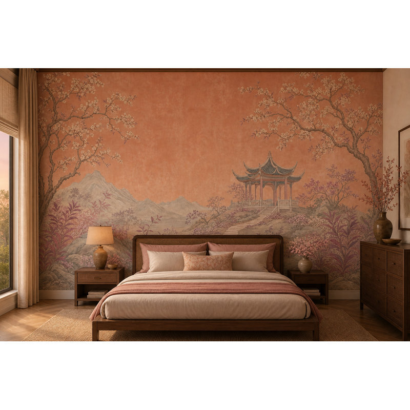 Papier peint paysage asiatique Pavillon de jardin asiatique amovible, 160"x108", Textured Non-Pasted