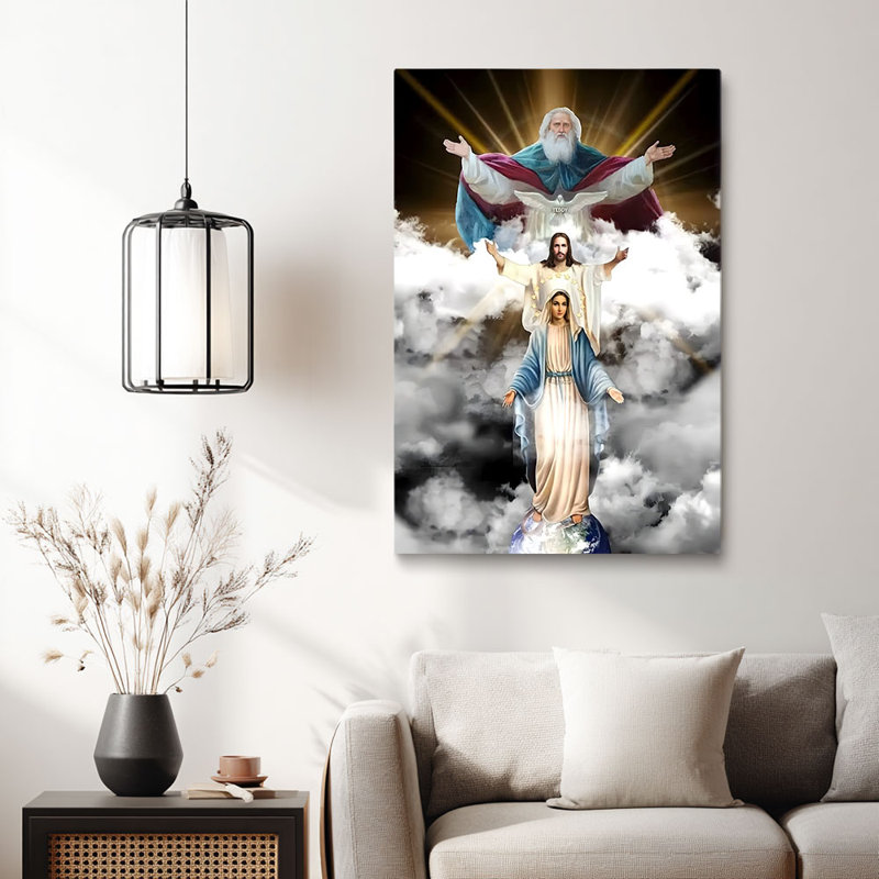 Spirituel «Divine Chiffres dans les nuages célestes (Sainte Trinité)», art mural tendu de la Sainte Trinité, cadre tendu pour studio confortable