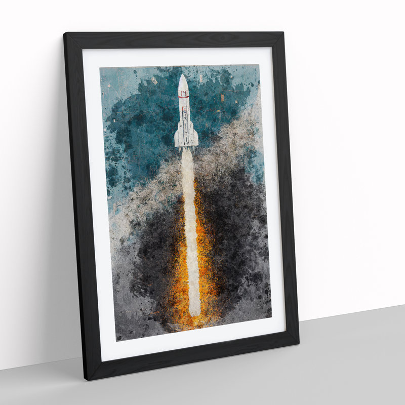 Watercolour Spaceship Rocket No.2 1 Piece Single Picture Frame Painting, 34cm H x 25cm W x 2cm D, Black