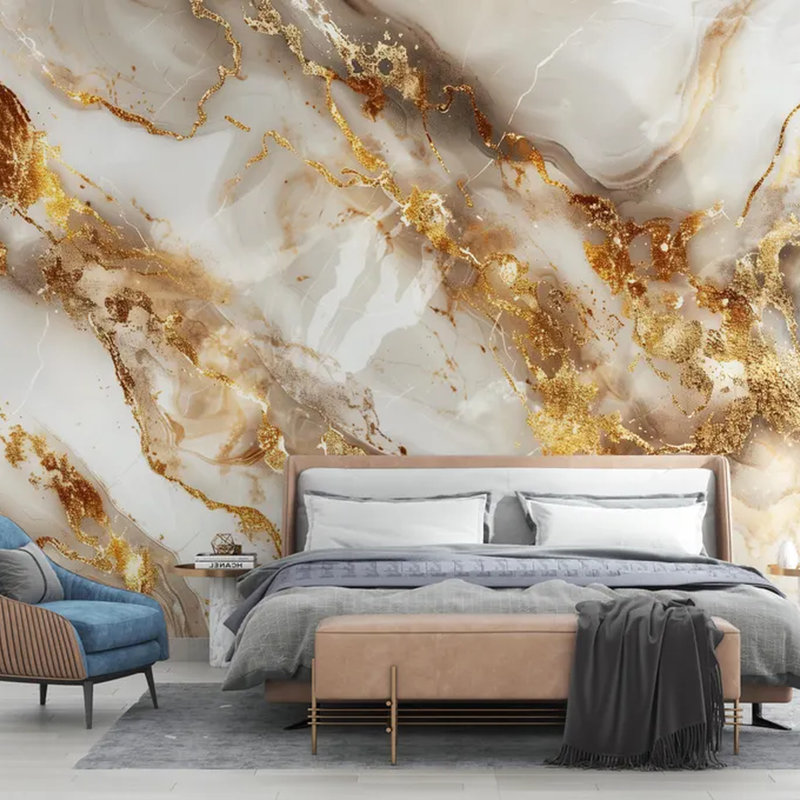 Cream Gold Marble Abstract Wall Mural, 105.96" L x 138" W