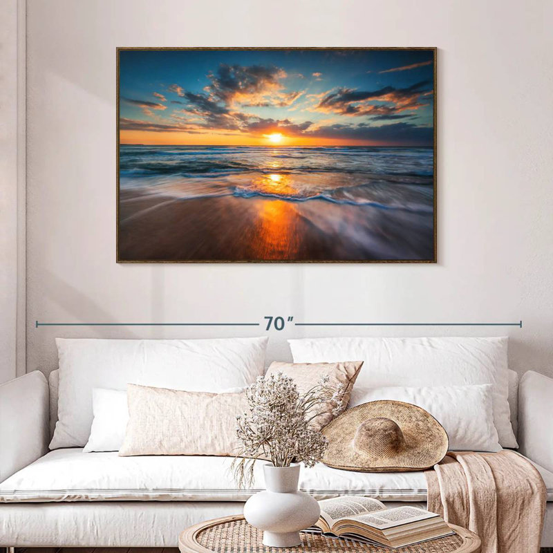 Été, océan, lever de soleil, 46 po x 31 po, Cadre flottant noyer