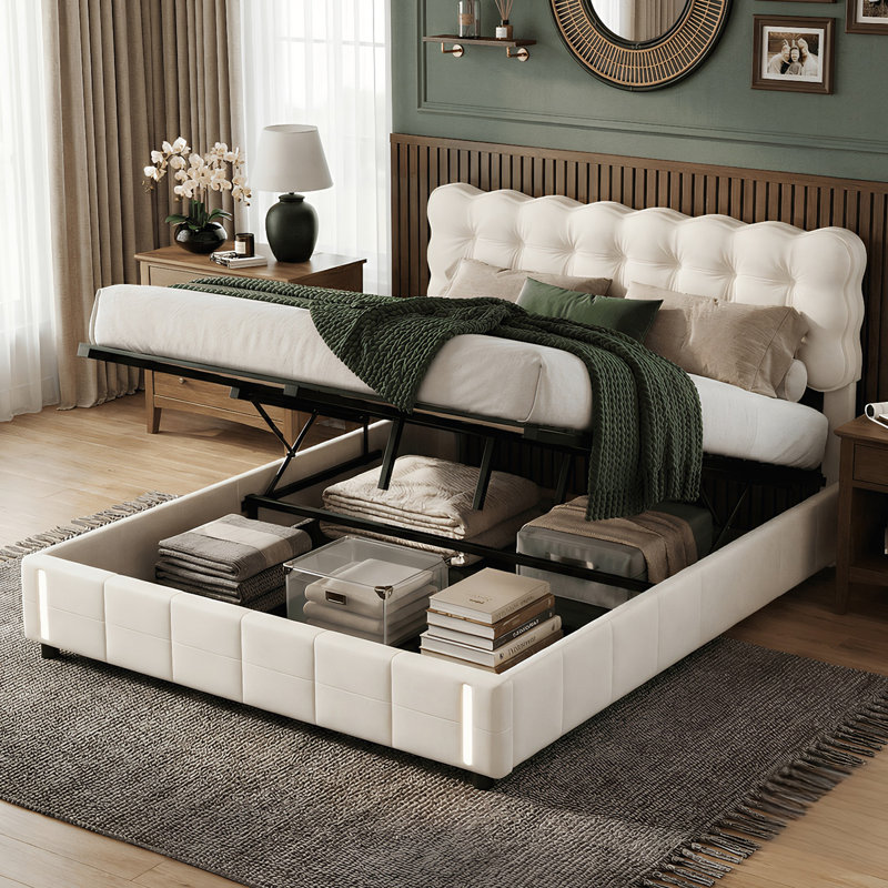 UK & EU Sizes Velvet Ottoman Bed With Motion Sensor LED Lights, Upholstered Cloud Tufted Frame, Beige