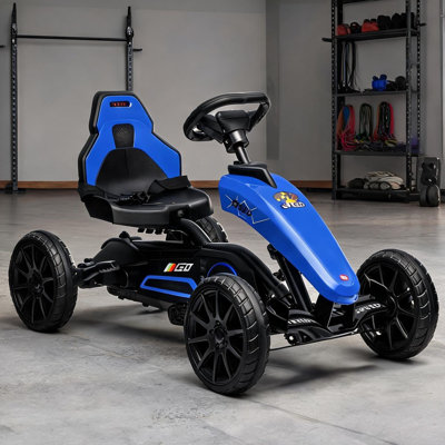 Kart à pédales avec siège réglable et roues amortissantes, finition bleue