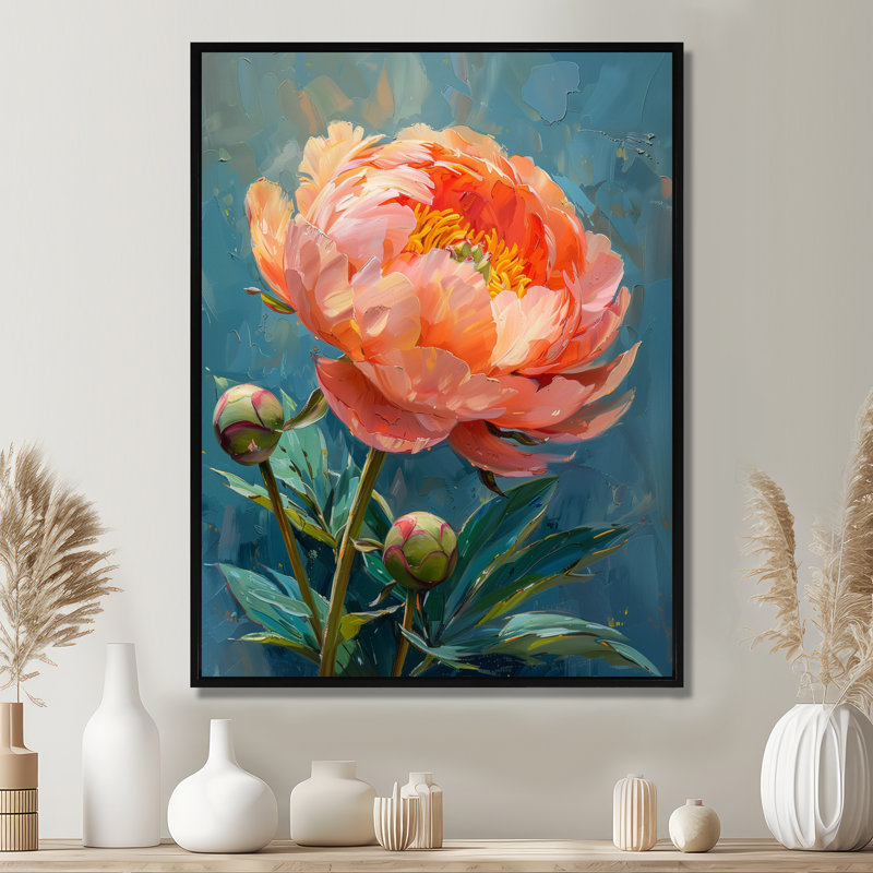 Rose et bleu, pivoines vibrantes, art mural pivoines II, H 40 po x l 30 po, Cadre flottant noir