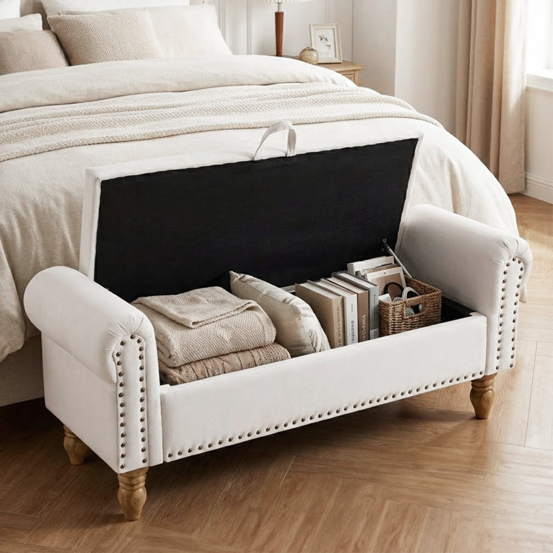 Banc de rangement rembourré Dawsey, Beige, 17.5" H x 60" L x 22" D