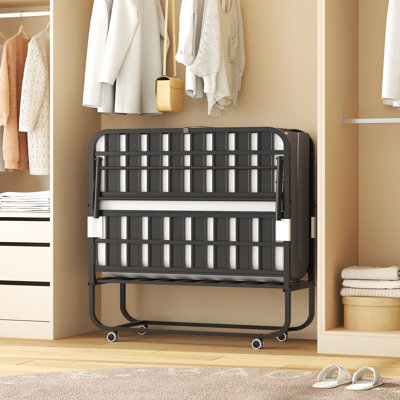 Lit simple pliant 75 po x 46 po avec matelas en mousse à mémoire de forme de 5 po, tête de lit réglable, structure en métal robuste, idéal pour les personnes de grande taille et espace Mousse spacieuse de 46 po de largeur, utilisateurs de cadre de 75 pouces, sur roulettes