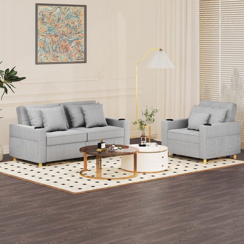 Borchert 2 Seater Fabric Sofa Bed, Grey Linen