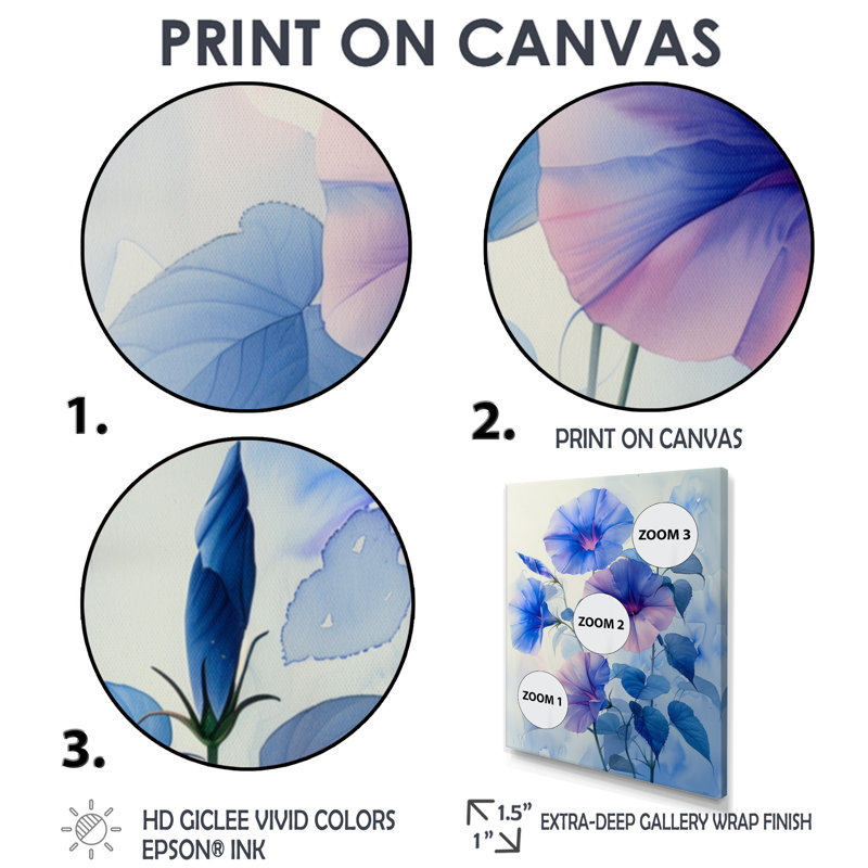 «Garden of Blue Morning Glory Bloom I - Morning Glory», art mural salon, Cadre simple noir, H 16 po x l 32 po
