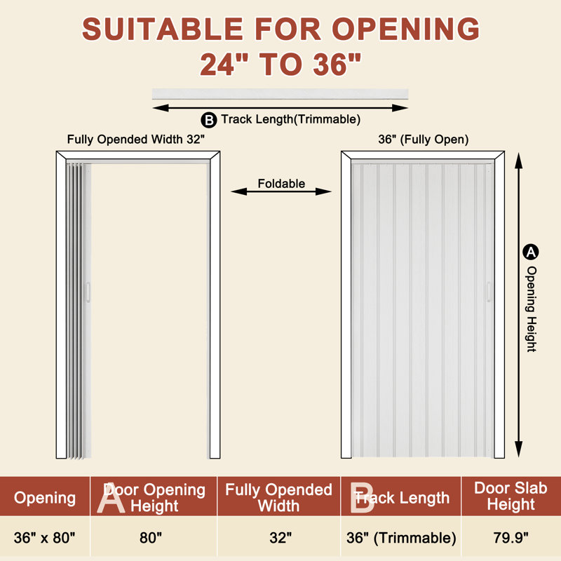 Porte accordéon 80 po à panneaux en PVC / vinyle, 36" x 80", Blanc